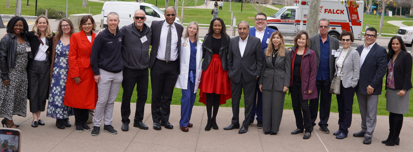 Leadership members, educator, faculty, health employees and directors standing for a group photo during the Revive & Survive San Diego press conference. 